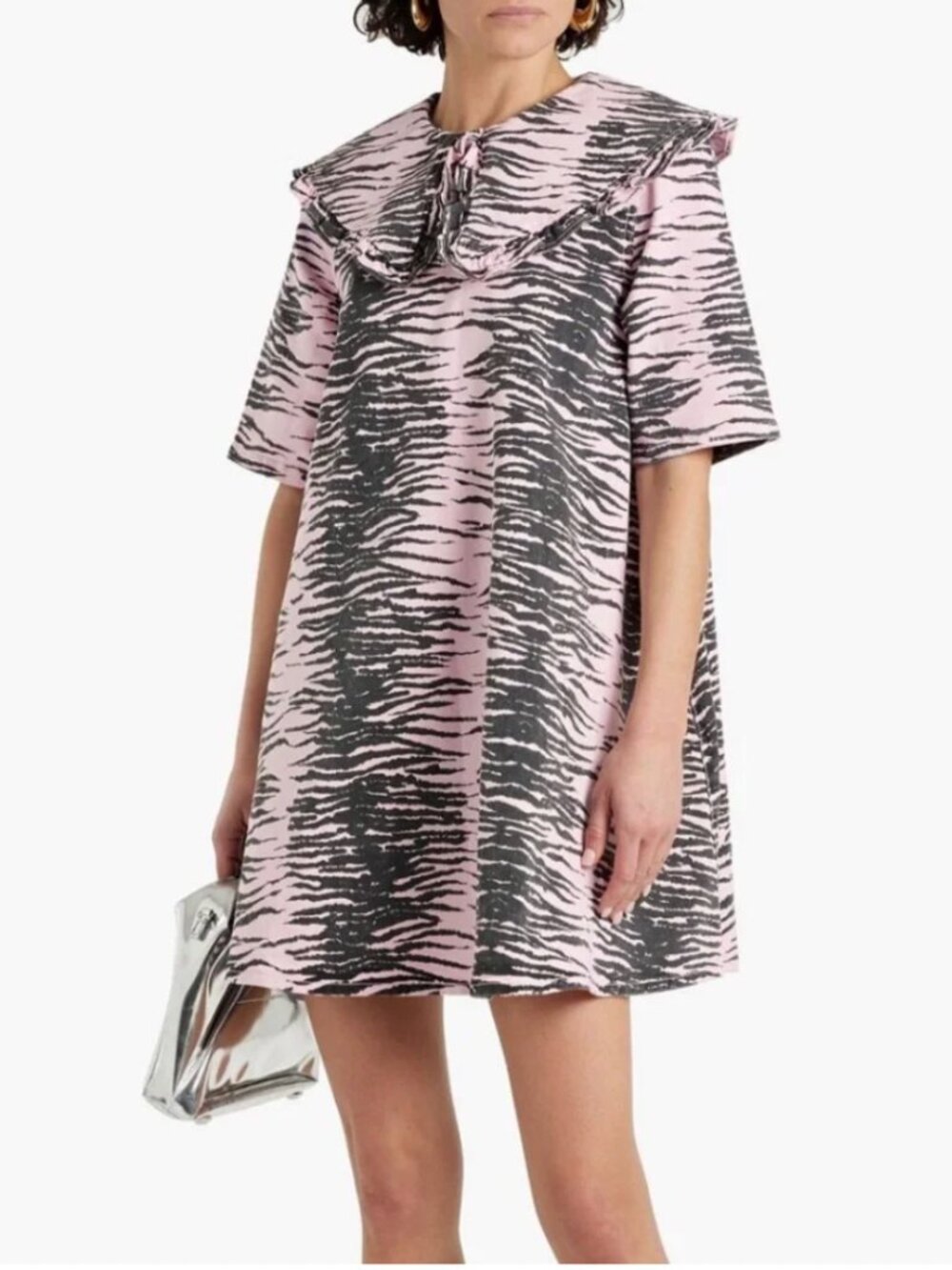 GANNI Pink and Black Animal Print Mini Dress Ruffle Collar size 42 / US 10
